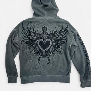 Y2K Styled Winged Heart Grunge Hoodie With Rhinestone Detail